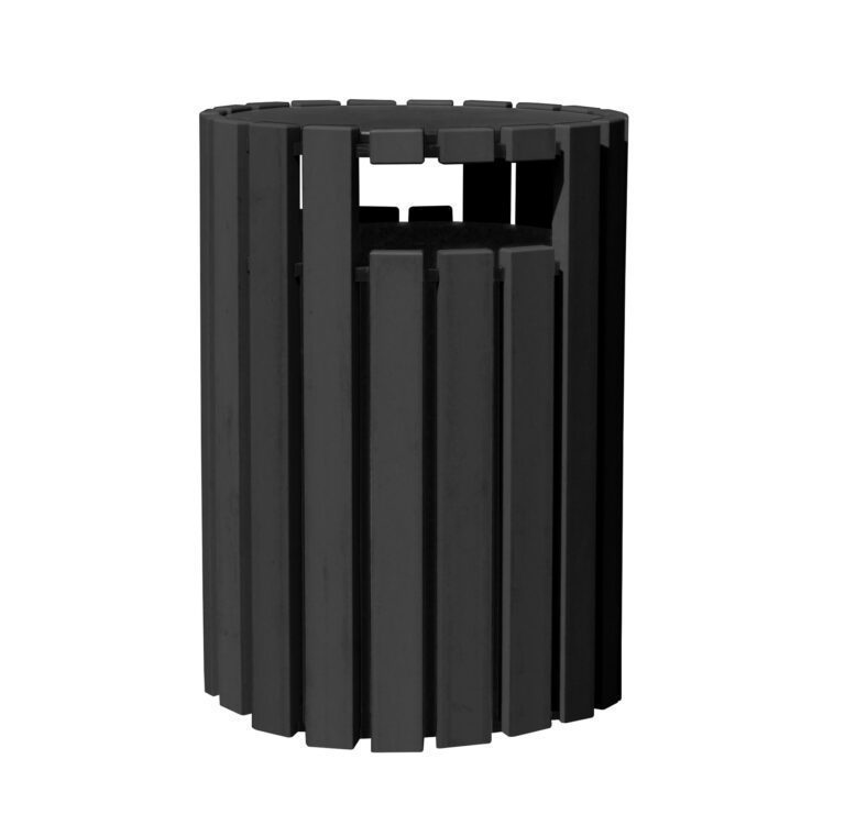 The Vestil Trash Receptacle Poly Rain Cap is a stylish 33-gallon black cylindrical bin featuring vertical slats and a rectangular top opening, blending seamlessly into any setting with practical elegance.
