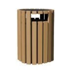 The Vestil Trash Receptacle Poly Rain Cap offers a rustic charm with its cylindrical design and vertical cedar slats. Featuring an open top for easy disposal, its perfect for enhancing outdoor spaces while providing a 33-gallon trash solution.