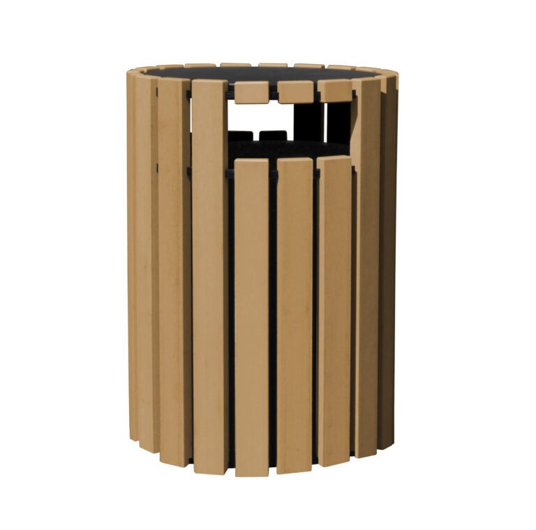 The Vestil Trash Receptacle Poly Rain Cap offers a rustic charm with its cylindrical design and vertical cedar slats. Featuring an open top for easy disposal, its perfect for enhancing outdoor spaces while providing a 33-gallon trash solution.