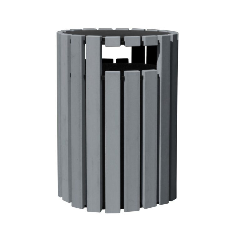 This modern outdoor trash can, with vertical gray slats and an open top, stylishly complements any area. Its compatible with the Vestil Trash Receptical Poly Rain Cap Round 33 Gal-Char for added neatness and rain resistance.