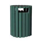 The Vestil Trash Receptical, featuring a poly rain cap, is a sleek and modern 33-gallon green cylinder with vertical slats and a rectangular opening, ideal for urban or park settings.