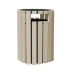 The Vestil Trash Receptical Poly Rain Cap Round 33 Gal-Sand sports vertical slats in a circular pattern, with an open top that exposes its 33-gallon container, and features a poly rain cap to keep contents dry.
