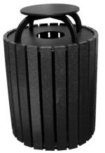 The Vestil Trash Receptacle Poly Rain Cap Round 49 Gal-Black boasts a sleek design with vertical slats, a circular lid supported by curved metal bars, and a poly rain cap to keep contents dry while offering small openings for easy waste disposal.