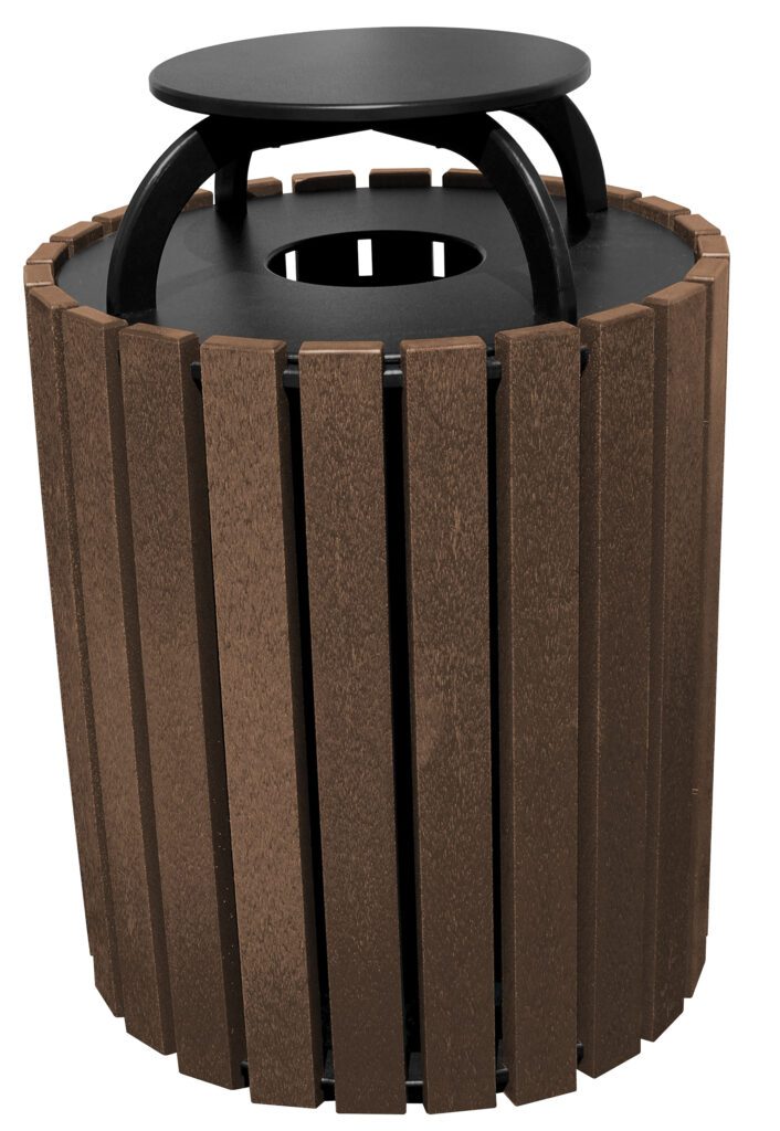 The Vestil Trash Receptical Poly Rain Cap Round 49 Gal-Brown has vertical wooden slats around a cylindrical body. It features a black circular lid with a central opening and two curved metal handles, providing style and function in any setting.