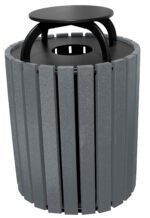 The Vestil Trash Receptacle Poly Rain Cap is a 49-gallon, round, gray container featuring vertical slats and a black metal lid with a cut-out hole. Its sturdy, modern design suits public spaces, and the poly rain cap ensures weather resistance.