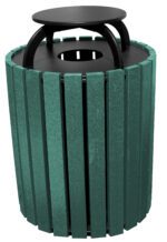 The Vestil Trash Receptacle Poly Rain Cap is a green, round 49-gallon outdoor can with vertical slats and a black lid, designed for durability in various weather conditions.