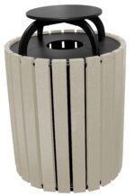 The Vestil Trash Receptical in sand features a vertical slat design with a black poly rain cap, round flat lid, and central opening. It holds up to 49 gallons for outdoor waste disposal.