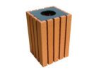 The Vestil Trash Receptical Poly Square 22 Gallon-Cedar boasts a modern design with vertical slats and a black circular opening. Finished in natural wood, this cedar bin combines style and function, presented on a white background.