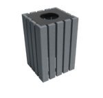 The Vestil Trash Receptacle Poly Square 22 Gallon-Char, in gray with vertical slats and an open top circular hole, offers a minimalist design ideal for outdoor or urban use.