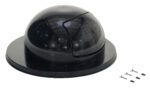 A black doorstop-style dome floor stopper labeled PUSH, featuring a flat base, resembles the Vestil Black Steel Waste Disposal Top for Drum. It comes with four screws and wall anchors, set against a white background.