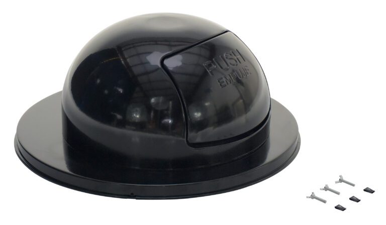 TRASH-TOP-BK-3PK_A.jpg A black doorstop-style dome floor stopper labeled PUSH, featuring a flat base, resembles the Vestil Black Steel Waste Disposal Top for Drum. It comes with four screws and wall anchors, set against a white background.