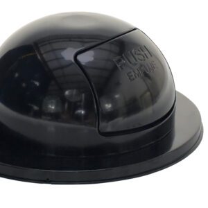 The Vestil Black Steel Waste Disposal Top For Drum is a dome-shaped, black steel push trash can lid featuring an embossed PUSH label. It reflects light beautifully and comes with four small screws for secure attachment on a white surface.