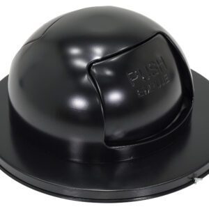 The Vestil Stl Waste Top Dual Door for Drum-Black lid, designed for drum waste containers, is dome-shaped with a large rectangular opening and PUSH embossed near it, ensuring easy disposal while maintaining a sleek appearance.