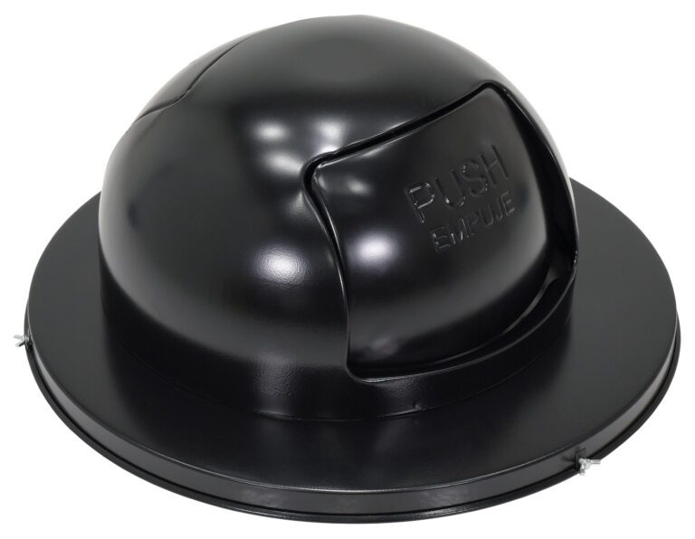 TRASH-TOP-DD-BK_A.jpg The Vestil Stl Waste Top Dual Door For Drum-Black has a smooth black dome lid with an embossed PUSH flap. Its designed for drum-shaped trash cans with dual doors for easy waste disposal through its glossy surface.