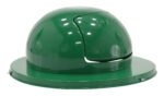 The green, dome-shaped Vestil Stl Waste Top Dual Door For Drum includes a push flap with PUSH embossed on it for easy disposal and base screws for secure attachment to dual door drum lids.