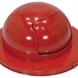 The Vestil Stl Waste Top Dual Door For Drum-Red is a shiny, red, dome-shaped trash can lid with a PUSH flap that enhances waste disposal efficiency while offering both functionality and elegance to your waste management system.