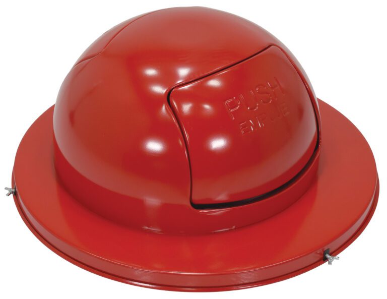 TRASH-TOP-DD-RD_A.jpg The Vestil Stl Waste Top Dual Door For Drum-Red has a shiny red dome lid with a PUSH labeled flap for easy disposal. It fits securely on drums and includes screws on the circular base for stability.