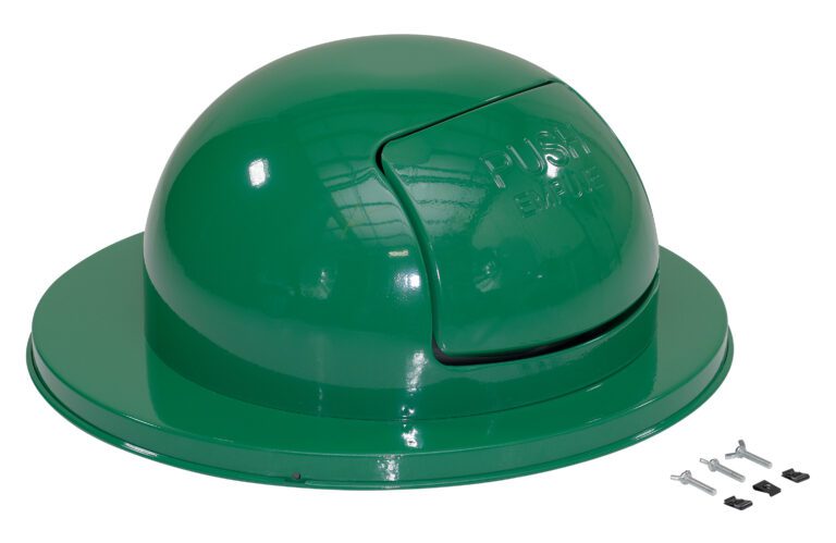 TRASH-TOP-GN-3PK_A.jpg The Vestil Green Steel Waste Disposal Top for Drum has a dome shape, push flap door with label, and includes screws and clips for easy mounting over any standard waste receptacle.