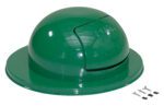 The Vestil Green Steel Waste Disposal Top For Drum is displayed, highlighting a dome-shaped lid with a PUSH flap. Four small black clips with metallic tips are positioned nearby on the white background to enhance its functionality and style.
