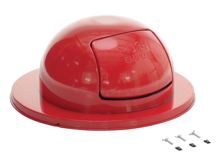 TRASH-TOP-RD-3PK_A.jpg Vestil Red Steel Waste Disposal Top for Drum features a dome shape with a swinging PUSH/EMPUJE flap. The circular lid fits standard cans and includes three small keys.