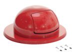 The Vestil Red Steel Waste Disposal Top For Drum includes a red dome-shaped circular lid with a swing door labeled PUSH and EMPUJE, and comes with three screws for easy assembly.