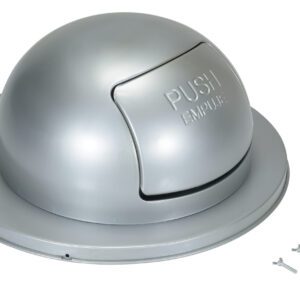 The Vestil Steel Waste Disposal Top for Drum has a silver dome lid with PUSH and EMPUJE flaps, designed to fit over a drums edge. It includes four screws and small black components for secure installation.