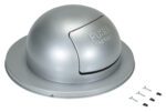 The Vestil Gray Steel Waste Disposal Top For Drum has a silver dome design with a “PUSH” and “EMPUJE” dual-language push flap. It includes four screws and four small black rectangular pieces.