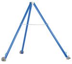 The Vestil Steel Tripod Stand W/ Adj Height Legs has blue metal legs with adjustable heights, weighted bases, and a stabilizing chain. Its smooth, glossy finish forms a sturdy triangular structure, ideal for various uses.