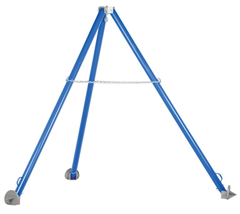 The Vestil Steel Tripod Stand W/ Adj Height Legs has blue metal legs with adjustable heights, weighted bases, and a stabilizing chain. Its smooth, glossy finish forms a sturdy triangular structure, ideal for various uses.