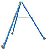 A blue Vestil Steel Tripod Stand W/ Non-Adj Legs features three non-adjustable metal legs linked by a chain, each with a pointed base for stability. The freestanding structure stands elegantly against a white background.