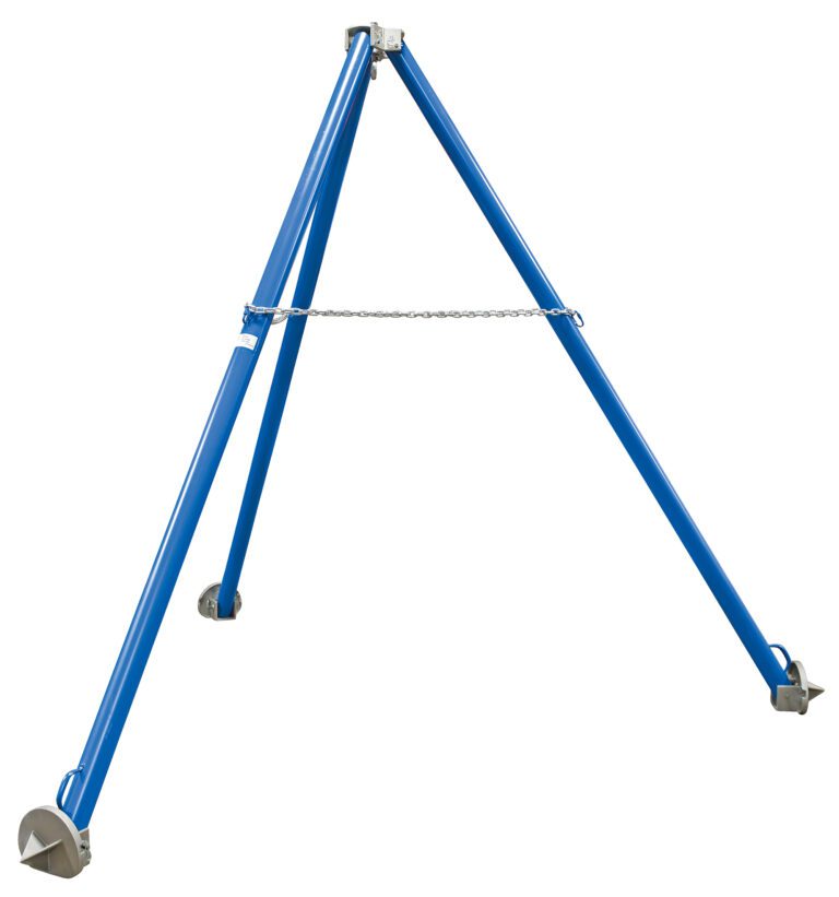 A blue Vestil Steel Tripod Stand W/ Non-Adj Legs features three non-adjustable metal legs linked by a chain, each with a pointed base for stability. The freestanding structure stands elegantly against a white background.