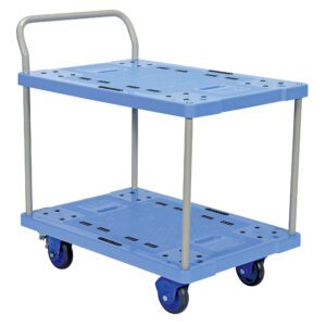 The Vestil Plastic Truck Double Deck 23X34 Brake, in blue, features two shelves with circular holes, a robust metal frame, and measures 23x34 inches. Its four wheels have a convenient brake system for easy maneuverability.