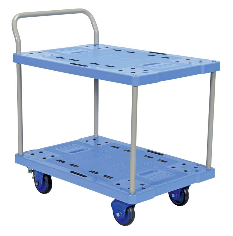 TRP-2334-2-FB_A.jpg The Vestil Plastic Truck Double Deck 23X34 Brake, in blue, features two shelves with circular holes, a robust metal frame, and measures 23x34 inches. Its four wheels have a convenient brake system for easy maneuverability.