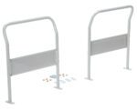 Two white metal bed rails stand upright with rectangular support panels, resembling the Vestil Dual Handle Set Trp-2429 Trucks design. Included hardware like screws and brackets lies on the ground between them. The rails prioritize stability and safety.