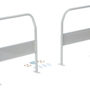 Two white metal bed rails stand upright with rectangular support panels, resembling the Vestil Dual Handle Set Trp-2429 Trucks design. Included hardware like screws and brackets lies on the ground between them. The rails prioritize stability and safety.