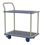 The Vestil Steel Truck Double Deck 19X27 Brake is a blue and grey flatbed utility cart with a handle, four wheels, two shelves for extra storage, and a brake system.
