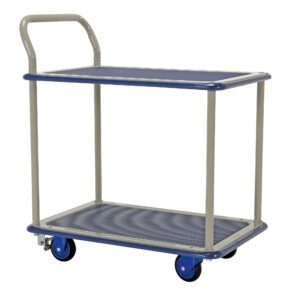 The Vestil Steel Truck Double Deck 19X27 Brake is a blue and grey flatbed utility cart with a handle, four wheels, two shelves for extra storage, and a brake system.