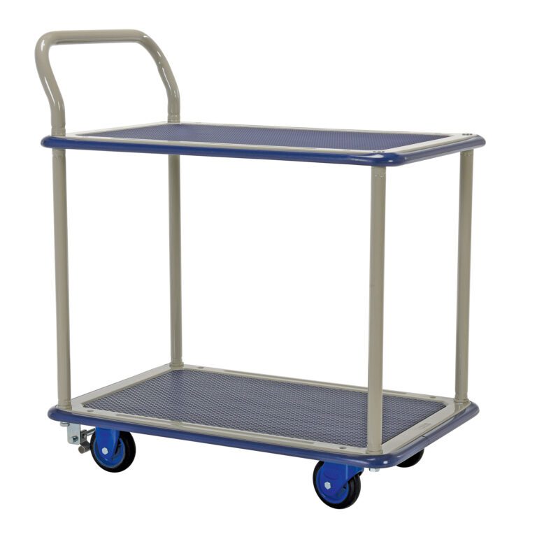 The Vestil Steel Truck Double Deck 19X27 Brake is a blue and grey flatbed utility cart with a handle, four wheels, two shelves for extra storage, and a brake system.