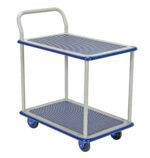 The Vestil Steel Truck Double Deck 19X27 is a sturdy, two-tier utility cart featuring a metal frame with blue edges and a handle. It rolls on four wheels and has textured, non-slip surfaces on both levels. The cart is shown against a white backdrop.
