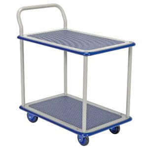 The Vestil Steel Truck Double Deck 19X27 is a sturdy, two-tier utility cart featuring a metal frame with blue edges and a handle. It rolls on four wheels and has textured, non-slip surfaces on both levels. The cart is shown against a white backdrop.