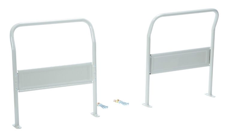 TRS-DH-HDL_A.jpg Two white metal bed rails with flat rectangular panels stand upright against a white background, accompanied by small hardware pieces like screws and wall plugs, precisely arranged as in the Vestil Dual Handle Set Trs-2429-Dh Truck.
