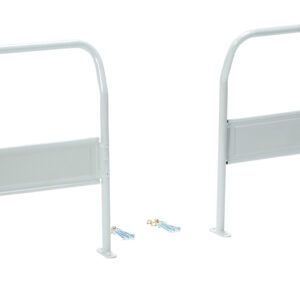 Two white metal bed rails with flat rectangular panels stand upright against a white background, accompanied by small hardware pieces like screws and wall plugs, precisely arranged as in the Vestil Dual Handle Set Trs-2429-Dh Truck.