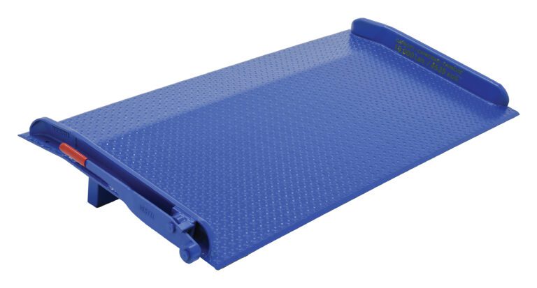 The Vestil Steel Truck Dockboard 10000 Lb 72W X 36L boasts a blue metal design with a textured surface and raised edges, featuring a handle for easy use. It efficiently bridges gaps between trucks and docks, supporting up to 10,000 lbs.