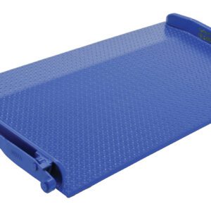 The Vestil Steel Truck Dockboard 10000 Lb 72W X 36L boasts a blue metal design with a textured surface and raised edges, featuring a handle for easy use. It efficiently bridges gaps between trucks and docks, supporting up to 10,000 lbs.