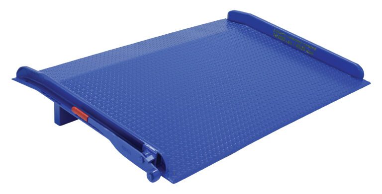 TS-10-7248_A.jpg The Vestil Steel Truck Dockboard 10000 Lb 72W X 48L, a robust blue metal dock leveler, features a textured surface, two raised edges, and a lower left hinge. Its slight incline effortlessly bridges the dock-to-vehicle gap for smooth loading.