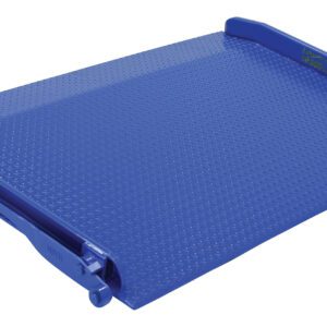 The Vestil Steel Truck Dockboard 10000 Lb 72W X 48L, a robust blue metal dock leveler, features a textured surface, two raised edges, and a lower left hinge. Its slight incline effortlessly bridges the dock-to-vehicle gap for smooth loading.