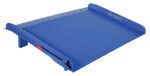 The Vestil Steel Truck Dockboard 20000 Lb 84W X 60L is blue and rectangular, has a textured surface with safety lip, hydraulic mechanism on one side, and safety markings along its edge.