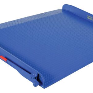 The Vestil Steel Truck Dockboard 20000 Lb 84W X 60L is blue and rectangular, has a textured surface with safety lip, hydraulic mechanism on one side, and safety markings along its edge.