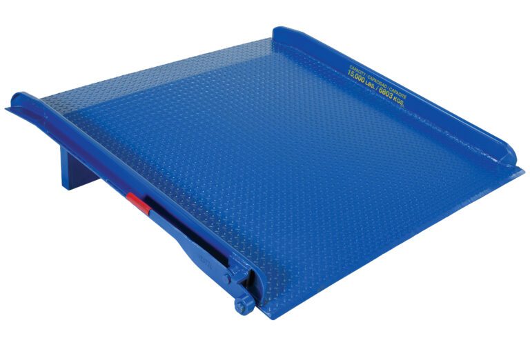 TS-25-6060_A.jpg A blue industrial loading ramp, similar to the Vestil Steel Truck Dockboard 25000 Lb 60W X 60L, features a textured non-slip surface, raised edges, and visible hinges. It also has yellow text on one side detailing specifications.