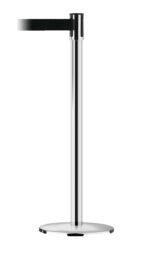 The Vestil Tensabarrier - Indoor is a sleek and modern stanchion post featuring a black retractable belt extending left. Its round, flat base offers stability, making it ideal for indoor crowd control or organizing lines.